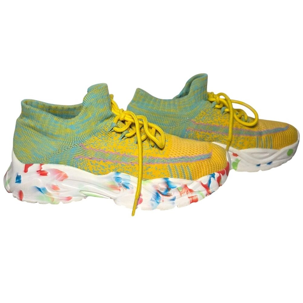 Yellow Teal Speckled Sole Knit Lace Up Slip On Sock Athletic Sneakers Size 38 - Picture 1 of 7